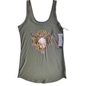 🔥NEW - No Boundaries Green Bull Skull Floral Scoop Neck Tank
